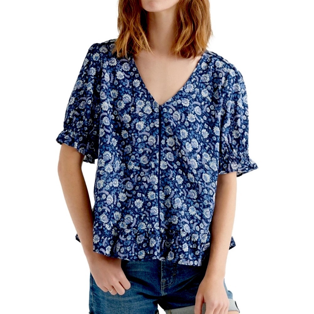Lucky Brand short sleeve paisley Floral Blue Women's Top size Latge
